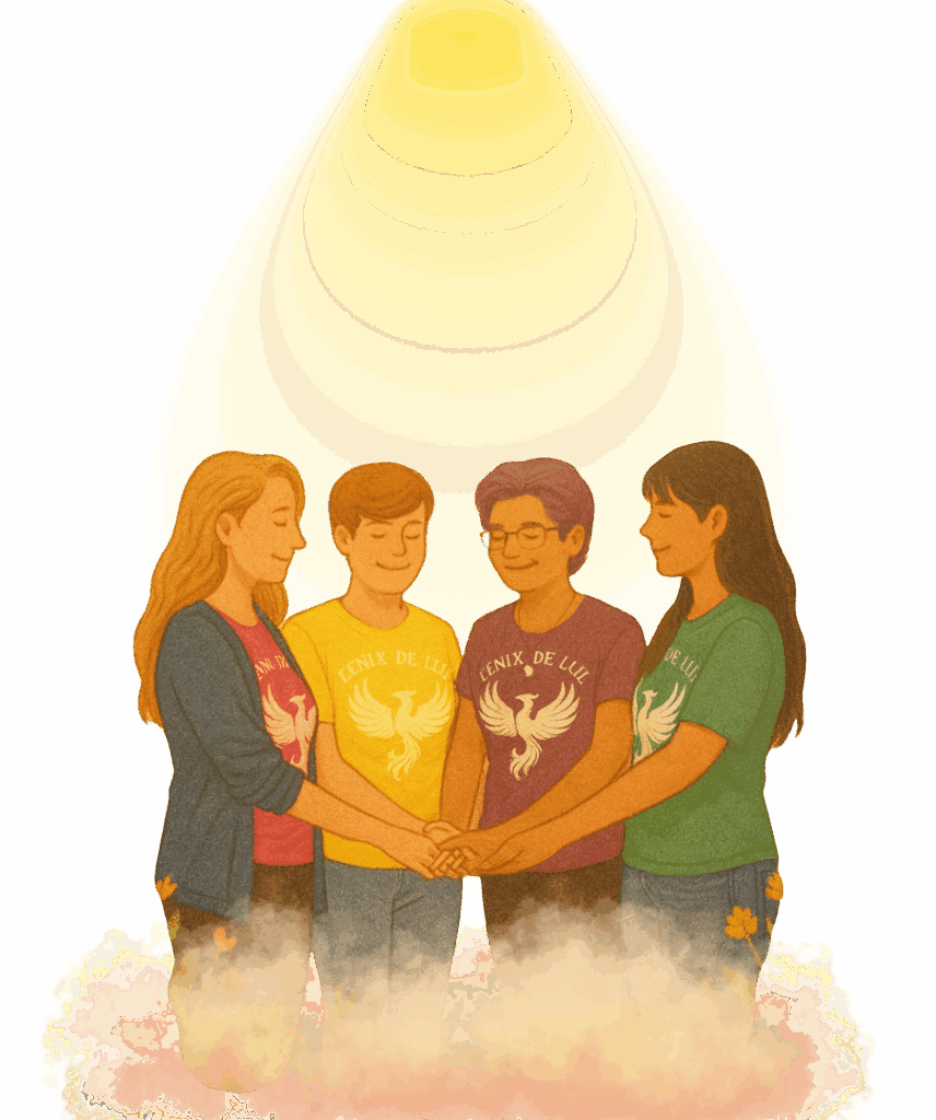 Ilustración de personas Fénix de Luz uniendo las manos en comunidad
